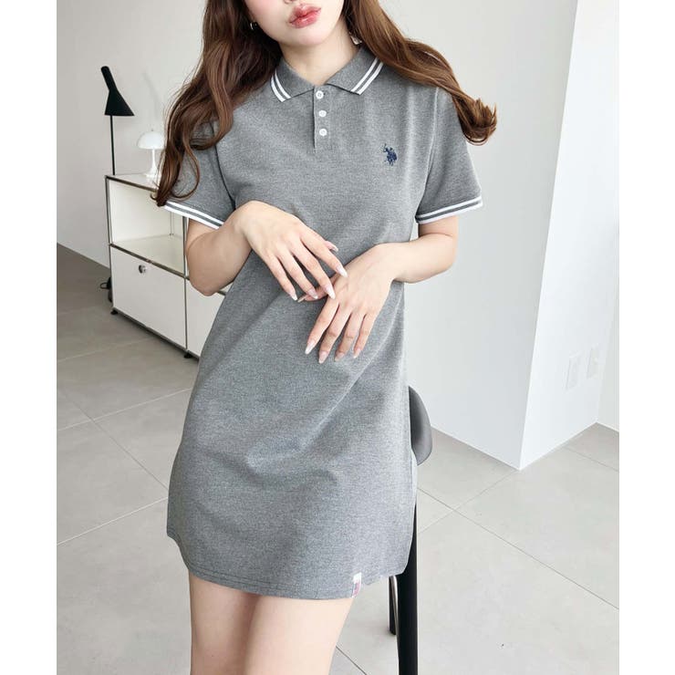 杢グレー | U.S.POLO ASSN.ワンポイント刺繍配色ライン半袖リブポロシャツワンピ | moment+