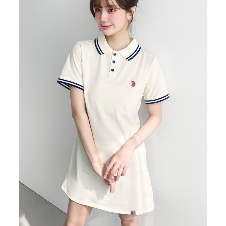 アイボリー | U.S.POLO ASSN.ワンポイント刺繍配色ライン半袖リブポロシャツワンピ | moment+