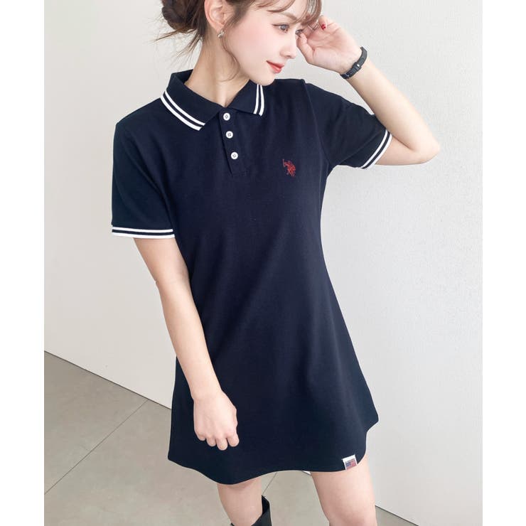 ネイビー | U.S.POLO ASSN.ワンポイント刺繍配色ライン半袖リブポロシャツワンピ | moment+