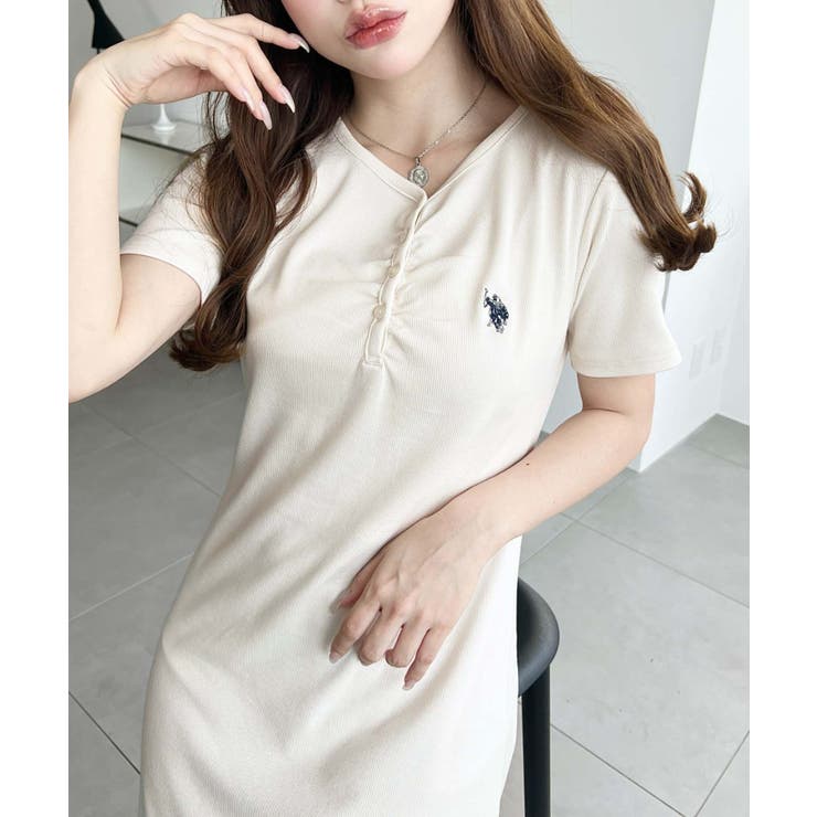 U.S.POLO ASSN.ワンポイント刺繍ギャザーヘンリーVネック半袖ワンピ | moment+ | 詳細画像5 