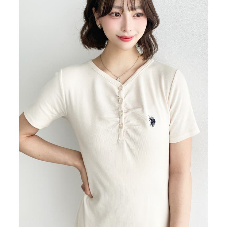 U.S.POLO ASSN.ワンポイント刺繍ギャザーヘンリーVネック半袖ワンピ | moment+ | 詳細画像8 