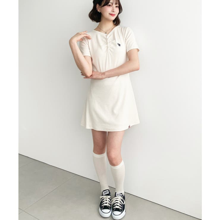 U.S.POLO ASSN.ワンポイント刺繍ギャザーヘンリーVネック半袖ワンピ | moment+ | 詳細画像9 