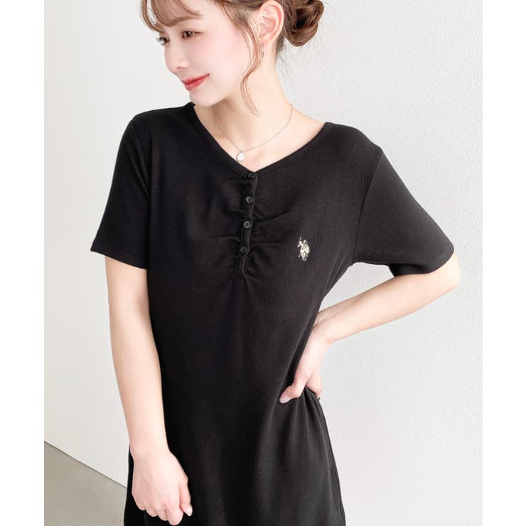U.S.POLO ASSN.ワンポイント刺繍ギャザーヘンリーVネック半袖ワンピ | moment+ | 詳細画像12 