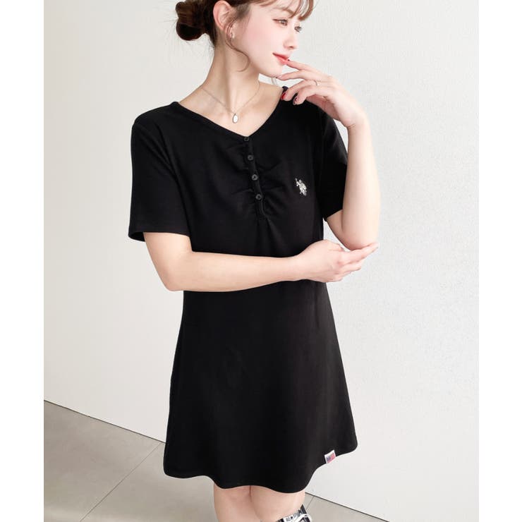 U.S.POLO ASSN.ワンポイント刺繍ギャザーヘンリーVネック半袖ワンピ | moment+ | 詳細画像13 