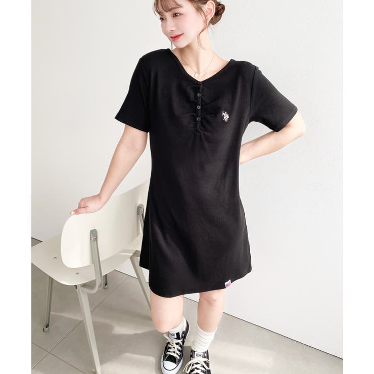 U.S.POLO ASSN.ワンポイント刺繍ギャザーヘンリーVネック半袖ワンピ | moment+ | 詳細画像14 