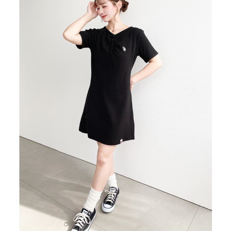 U.S.POLO ASSN.ワンポイント刺繍ギャザーヘンリーVネック半袖ワンピ | moment+ | 詳細画像15 