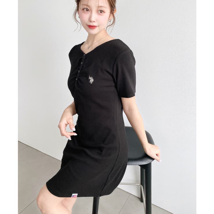 U.S.POLO ASSN.ワンポイント刺繍ギャザーヘンリーVネック半袖ワンピ | moment+ | 詳細画像19 