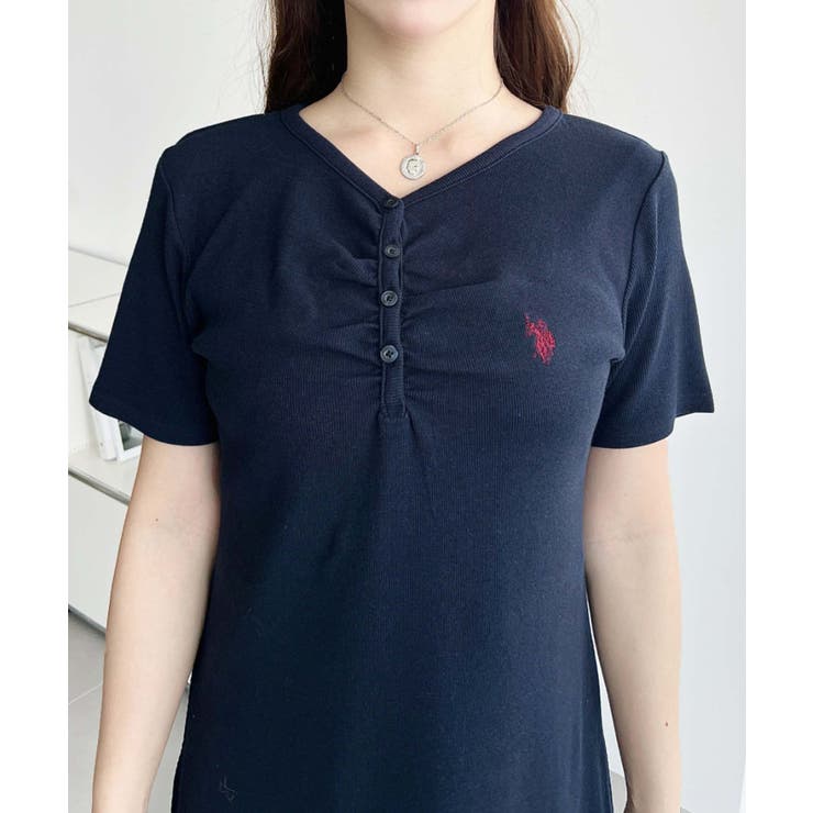 U.S.POLO ASSN.ワンポイント刺繍ギャザーヘンリーVネック半袖ワンピ | moment+ | 詳細画像31 
