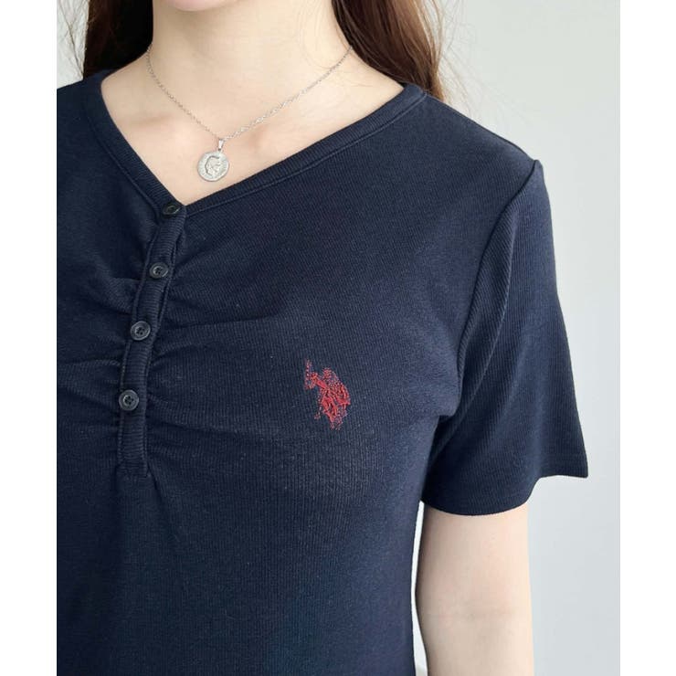 U.S.POLO ASSN.ワンポイント刺繍ギャザーヘンリーVネック半袖ワンピ | moment+ | 詳細画像32 