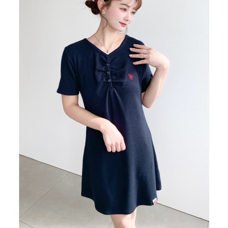 U.S.POLO ASSN.ワンポイント刺繍ギャザーヘンリーVネック半袖ワンピ | moment+ | 詳細画像45 