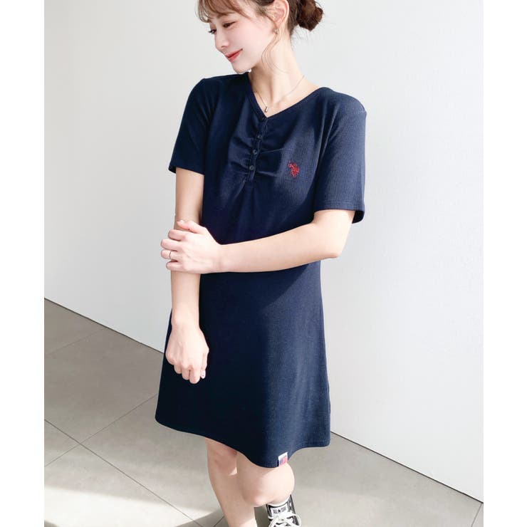 U.S.POLO ASSN.ワンポイント刺繍ギャザーヘンリーVネック半袖ワンピ | moment+ | 詳細画像46 