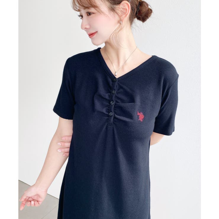 U.S.POLO ASSN.ワンポイント刺繍ギャザーヘンリーVネック半袖ワンピ | moment+ | 詳細画像47 