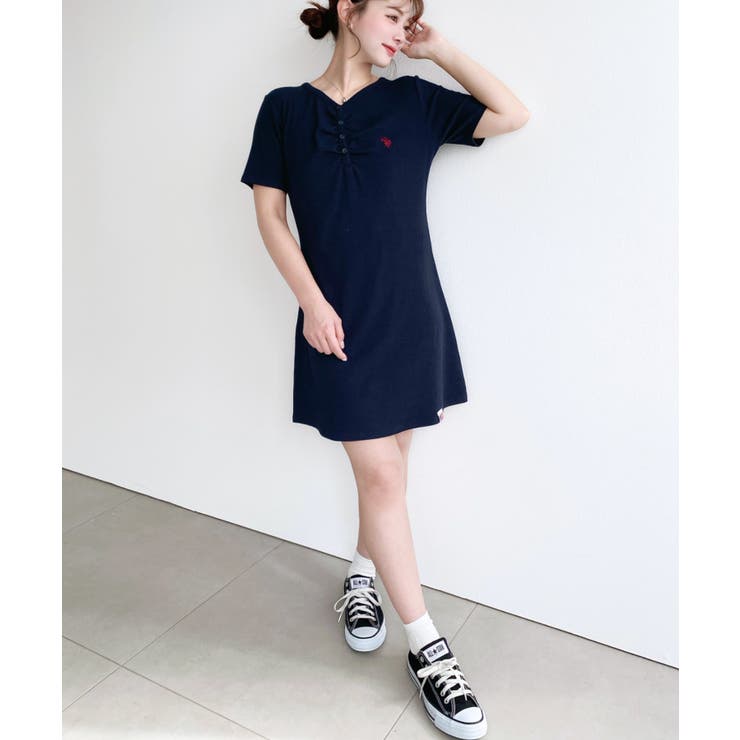 U.S.POLO ASSN.ワンポイント刺繍ギャザーヘンリーVネック半袖ワンピ | moment+ | 詳細画像48 