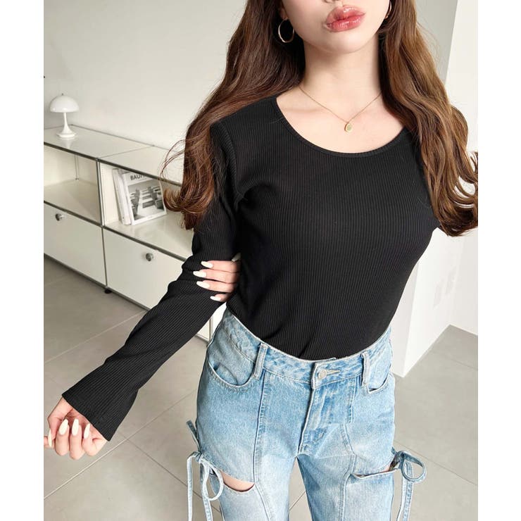 デコルテクルーネック長袖リブトップス | moment+ | 詳細画像18 