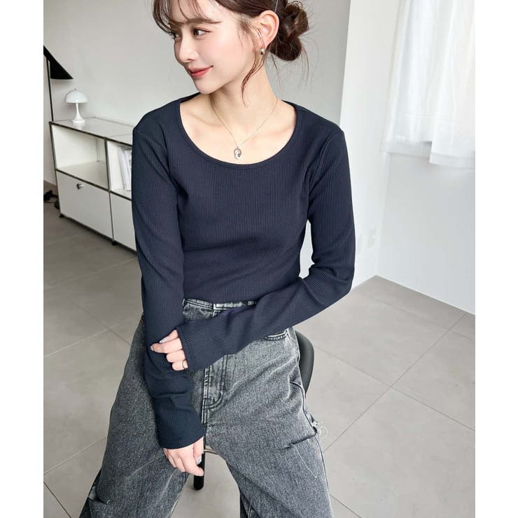 デコルテクルーネック長袖リブトップス | moment+ | 詳細画像30 