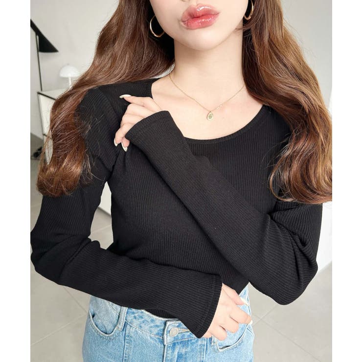 ブラック | デコルテクルーネック長袖リブトップス | moment+