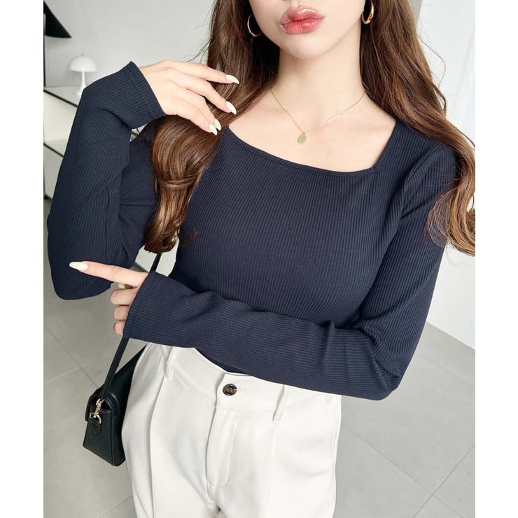 デコルテスクエアネック長袖リブトップス | moment+ | 詳細画像30 