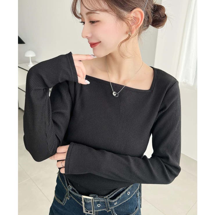 ブラック | デコルテスクエアネック長袖リブトップス | moment+