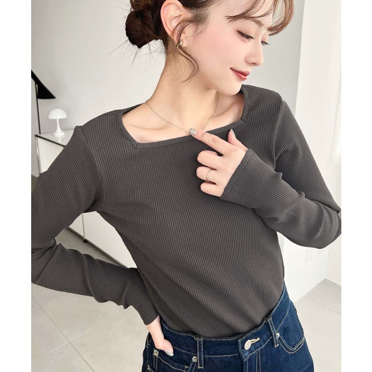 チャコールグレー | デコルテスクエアネック長袖リブトップス | moment+