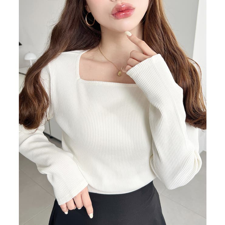 アイボリー | デコルテスクエアネック長袖リブトップス | moment+