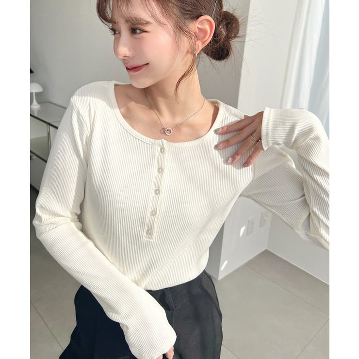 デコルテヘンリーネック長袖リブトップス | moment+ | 詳細画像2 