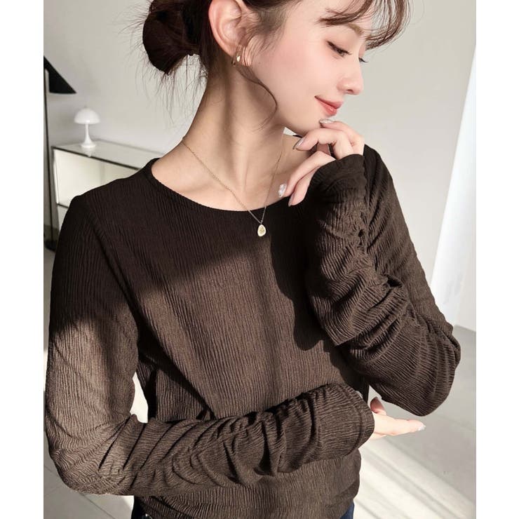 クルーネック袖ギャザー長袖シアークレープトップス | moment+ | 詳細画像17 