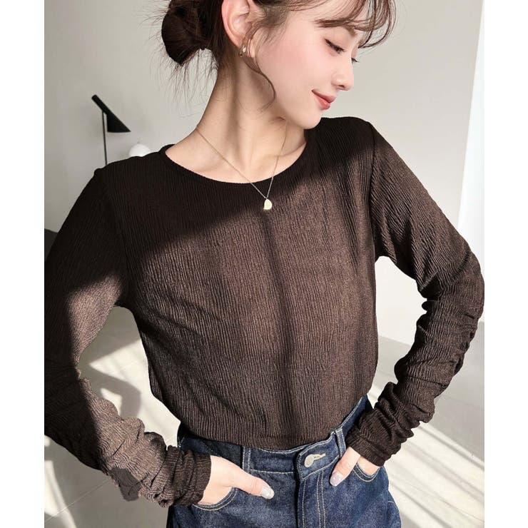 クルーネック袖ギャザー長袖シアークレープトップス | moment+ | 詳細画像18 