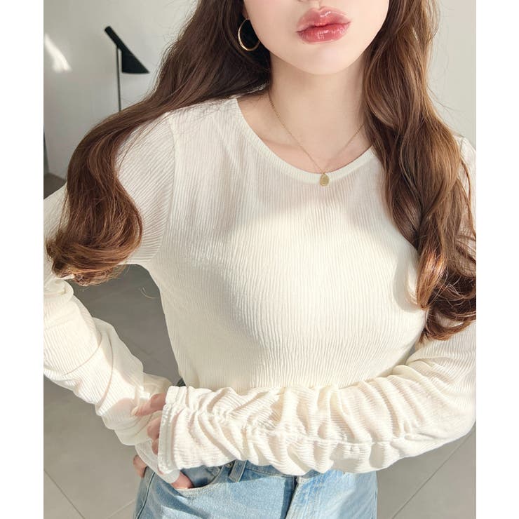 クルーネック袖ギャザー長袖シアークレープトップス | moment+ | 詳細画像2 