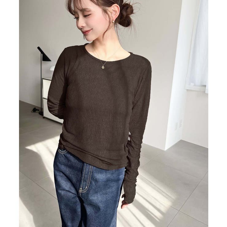 クルーネック袖ギャザー長袖シアークレープトップス | moment+ | 詳細画像21 