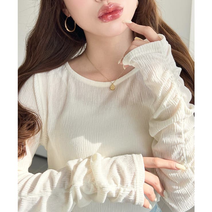 クルーネック袖ギャザー長袖シアークレープトップス | moment+ | 詳細画像3 