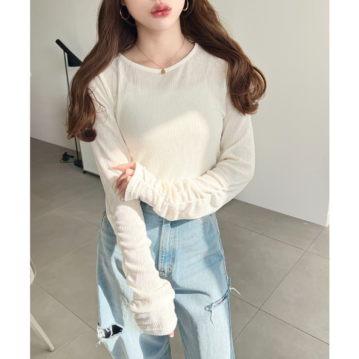 クルーネック袖ギャザー長袖シアークレープトップス | moment+ | 詳細画像4 