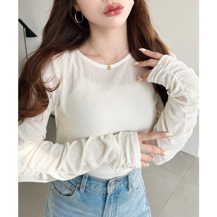 クルーネック袖ギャザー長袖シアークレープトップス | moment+ | 詳細画像5 