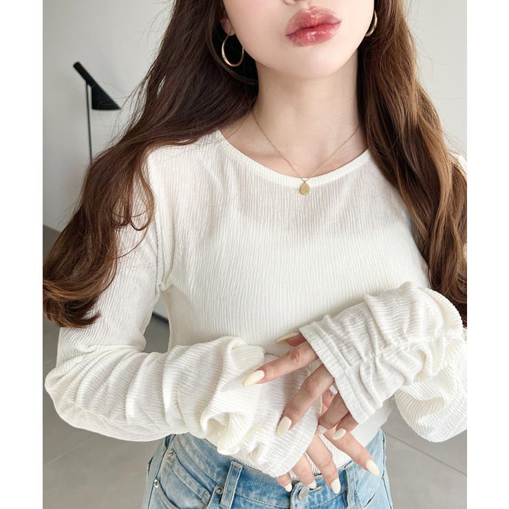 クルーネック袖ギャザー長袖シアークレープトップス | moment+ | 詳細画像6 