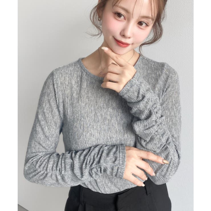 杢グレー | クルーネック袖ギャザー長袖シアークレープトップス | moment+