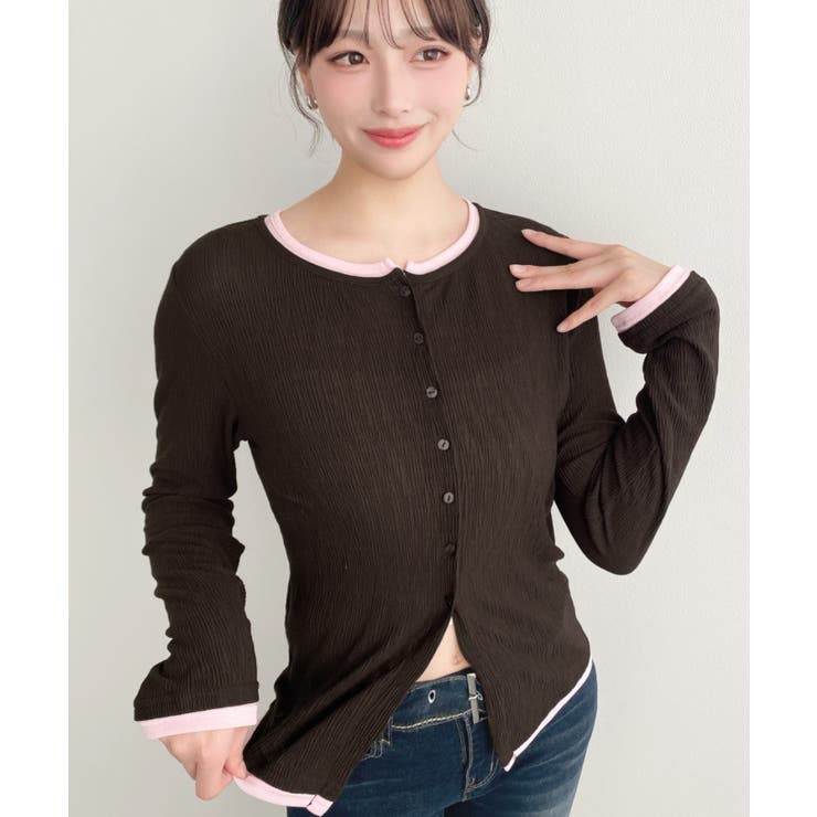 ブラウン | 配色レイヤードライクシアークレープカーディガン | moment+