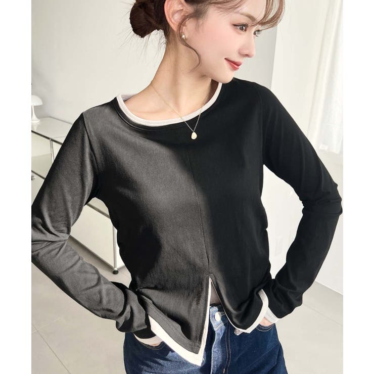 ブラック | 配色レイヤードライクセンタースリットシアープルオーバー | moment+