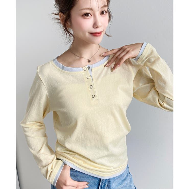 イエロー | 配色レイヤードライクヘンリーネックシアーロンT | moment+