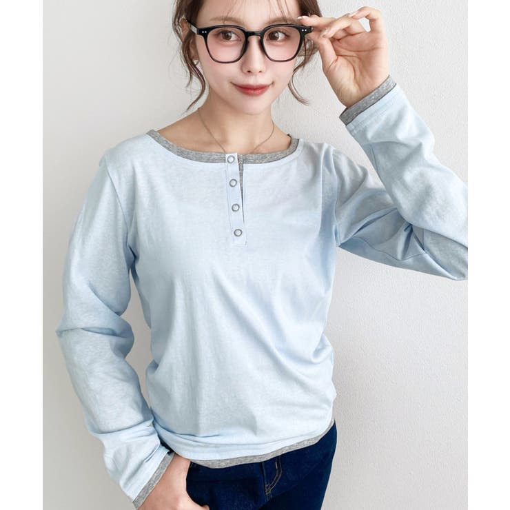 ブルー | 配色レイヤードライクヘンリーネックシアーロンT | moment+