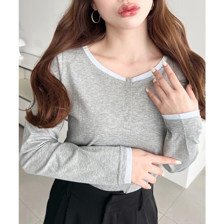 杢グレー | 配色レイヤードライクヘンリーネックシアーロンT | moment+