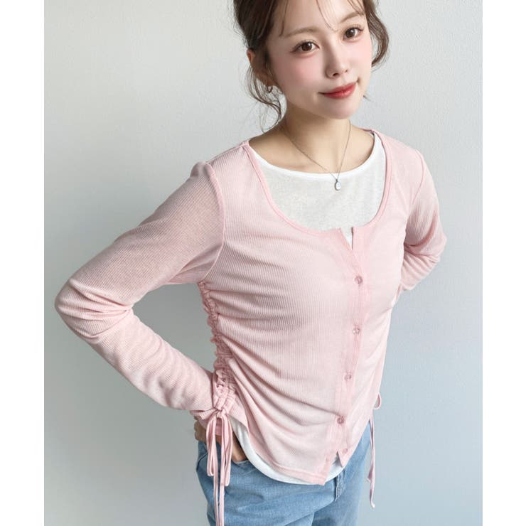 ピンク | 配色レイヤードカーデ風ドロストリボンシアープルオーバー | moment+