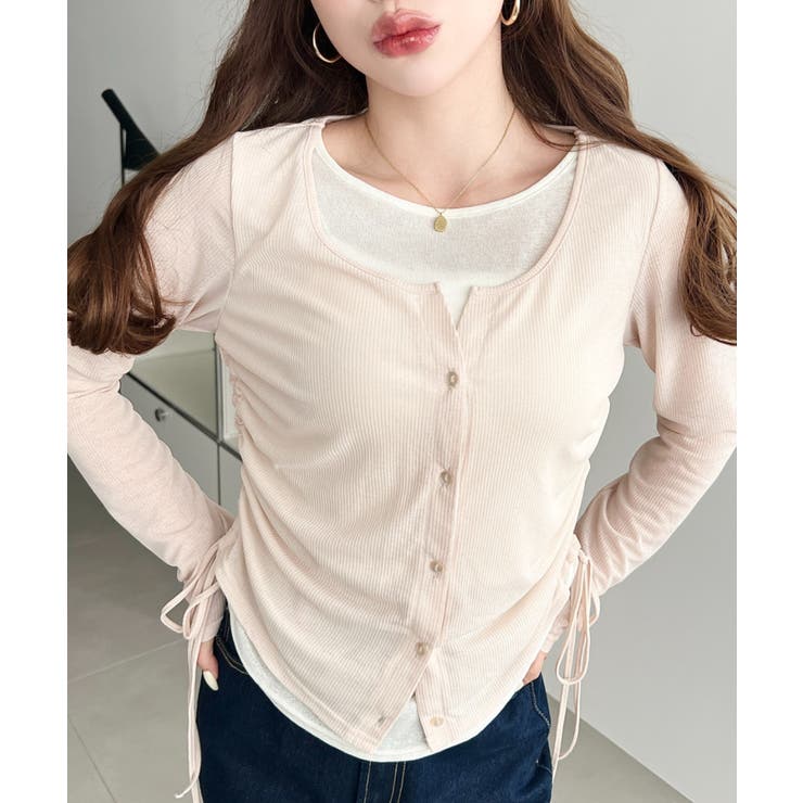 ライトベージュ | 配色レイヤードカーデ風ドロストリボンシアープルオーバー | moment+