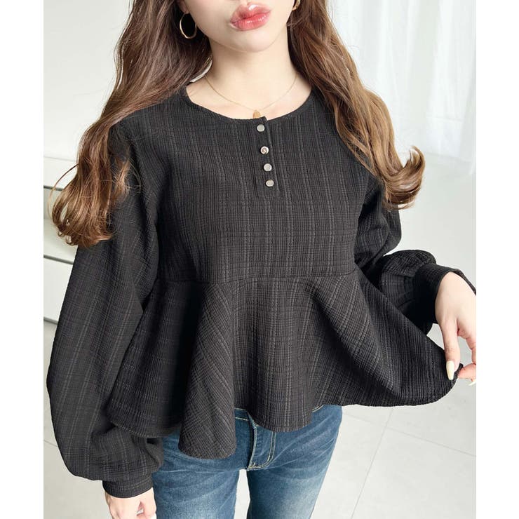 ブロックジャガードヘンリーネック長袖ペプラムブラウス | moment+ | 詳細画像13 