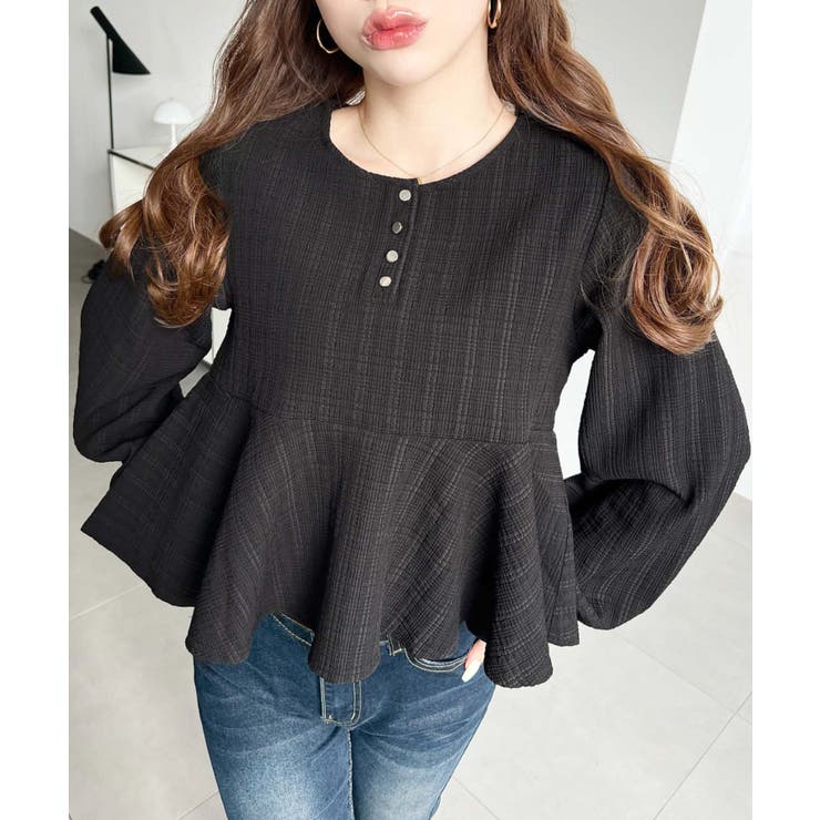 ブロックジャガードヘンリーネック長袖ペプラムブラウス | moment+ | 詳細画像14 