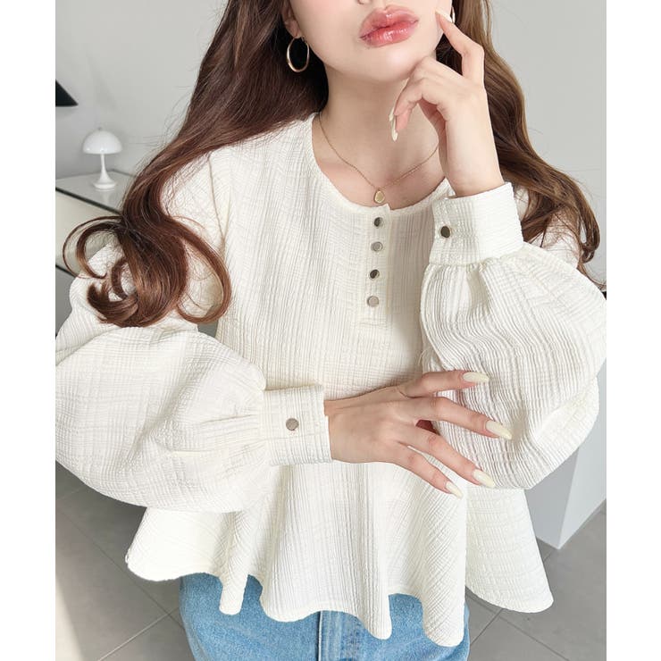 ブロックジャガードヘンリーネック長袖ペプラムブラウス | moment+ | 詳細画像18 