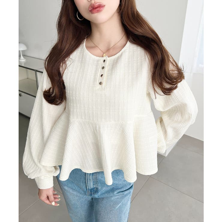 ブロックジャガードヘンリーネック長袖ペプラムブラウス | moment+ | 詳細画像19 