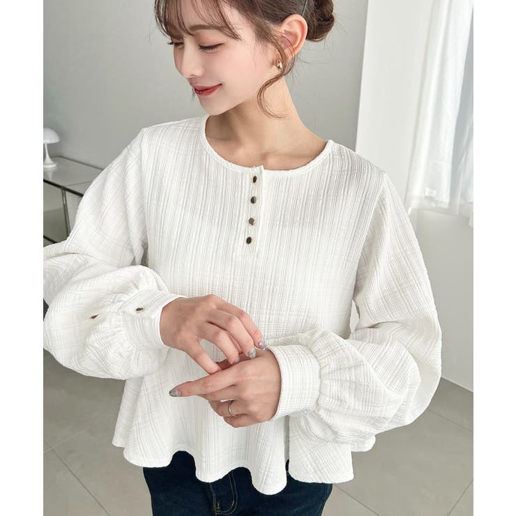 ブロックジャガードヘンリーネック長袖ペプラムブラウス | moment+ | 詳細画像3 