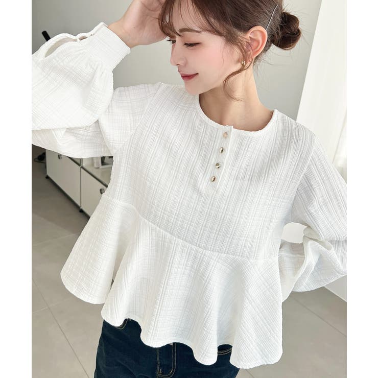 ブロックジャガードヘンリーネック長袖ペプラムブラウス | moment+ | 詳細画像4 