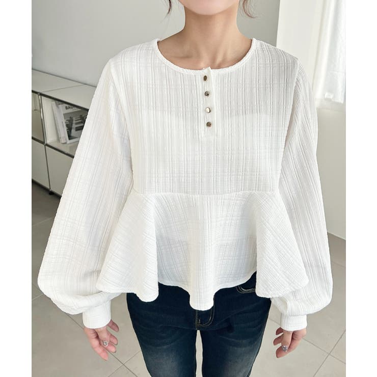 ブロックジャガードヘンリーネック長袖ペプラムブラウス | moment+ | 詳細画像6 