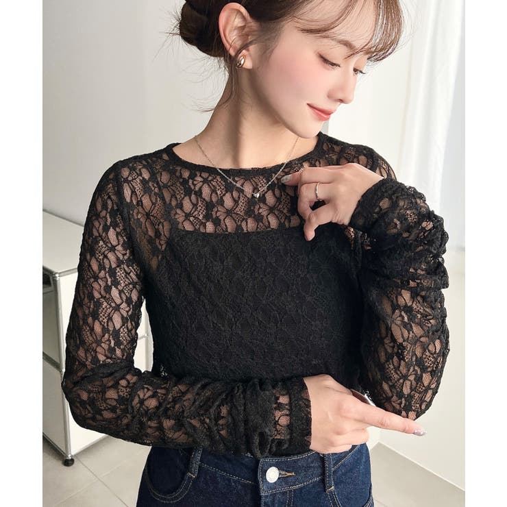 クルーネック袖ギャザー長袖ストレッチレーストップス | moment+ | 詳細画像15 