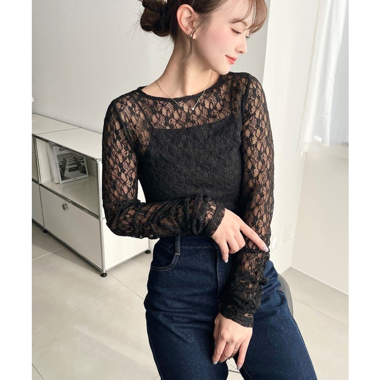 クルーネック袖ギャザー長袖ストレッチレーストップス | moment+ | 詳細画像17 